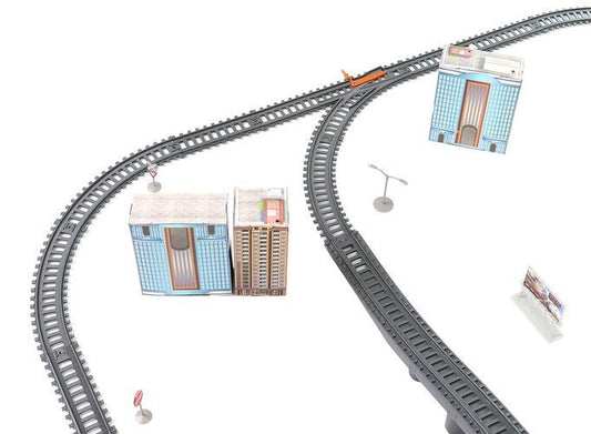 Circuit Trenulet Electric, Locomotiva cu 4 Vagoane, Pod Mobil, Tuneluri, Lungime Cale Ferata 9 M, Efecte Luminoase, Elemente de Decor, Model Realist, 86 de Elemente, Multicolor