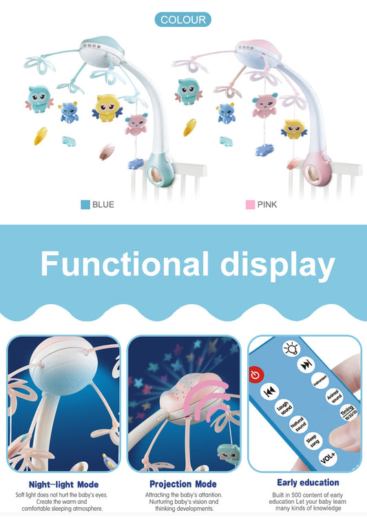 Carusel Interactiv Multifunctional Night Bed Bell BebeLux, Rotire 360, Efecte Luminoase si Sonore, Proiector cu Stelute, 500 Melodii de Somn, Mod de Noapte, Roz