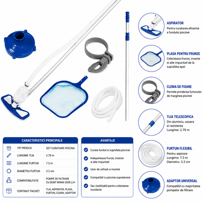 Set de curatare piscine idealSTORE, Debit pompa filtrare 2006L/h, Lungime furtun aspirare 7.5m, Tija de aluminiu 2.79, Sac colectare reutilizabil