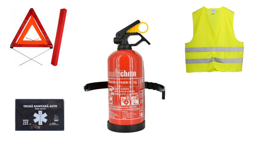 Kit siguranta auto omologat R.A.R. valabilitate 5 ani Trusa prim ajutor, Triunghi, Stingator, Vesta reflectorizanta
