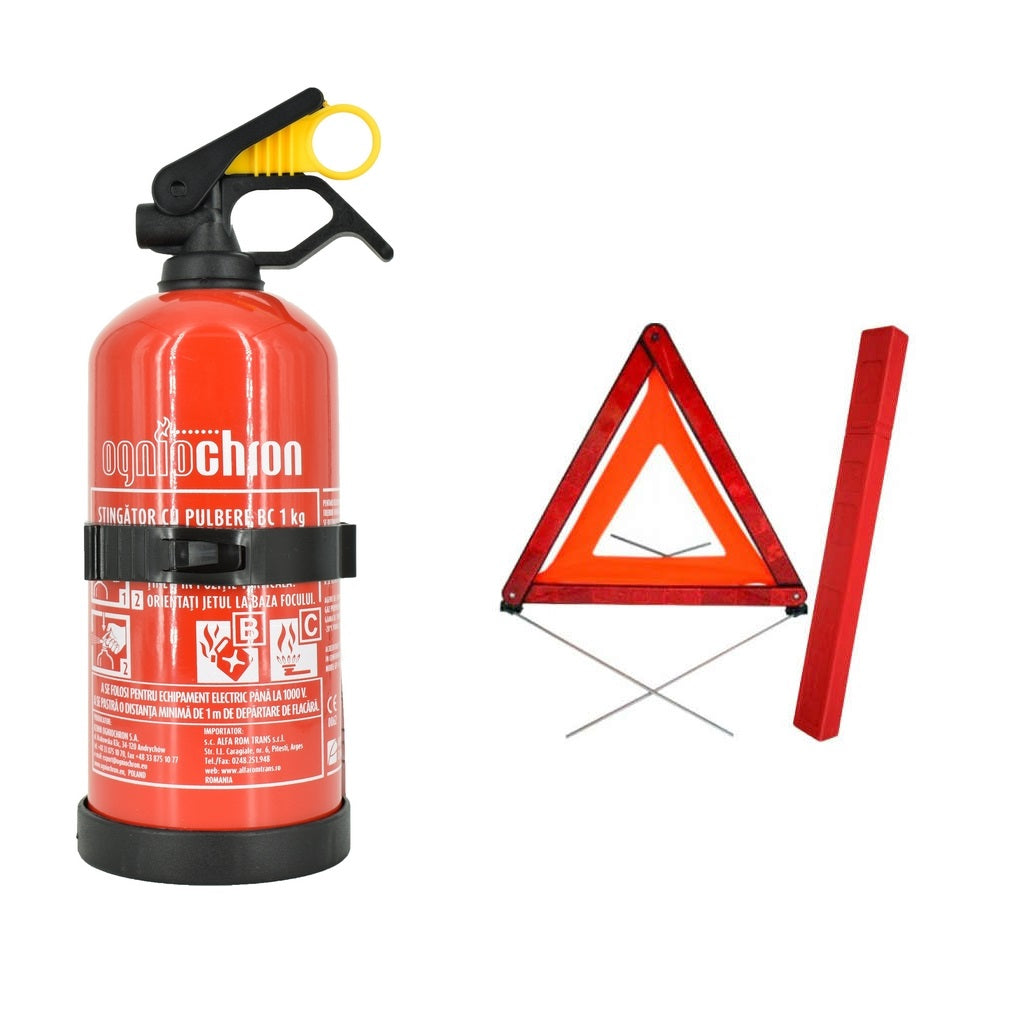 Kit siguranta auto certificat R.A.R. cu valabilitate 5 ani - 2 triunghiuri, trusa medicala,vesta,stingator + geanta depozitare cadou