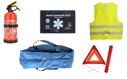 Kit siguranta auto certificat R.A.R. cu valabilitate 5 ani - 2 triunghiuri, trusa medicala,vesta,stingator + geanta depozitare cadou