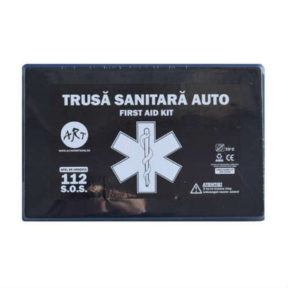 Kit siguranta auto certificat R.A.R. cu valabilitate 5 ani - 2 triunghiuri, trusa medicala,vesta,stingator + geanta depozitare cadou