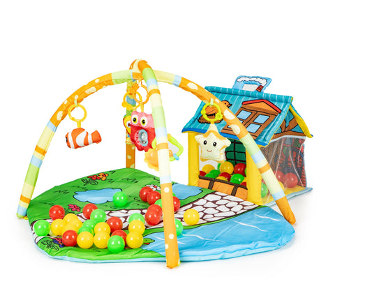 Covoras educativ pentru copii idealSTORE Dimensiuni 95 x 45 x 92 cm, Include covor moale, casuta, jucarii, 30 de bile colorate, Ajuta la dezvoltatea abilitatilor manuale