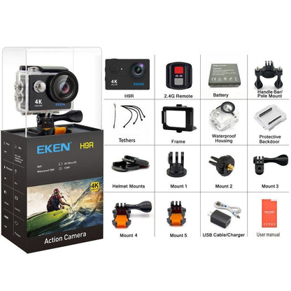 Camera Video Sport EKEN H9R Ultra HD 4K 170 grade, HDMI, Functie Camera Auto DVR, Conexiune Wi-Fi Hotspot, Kit accesorii sporturi extreme, Subacvatica 30 m, 2-inch + Carcasa Waterproof + Telecomanda, Neagra