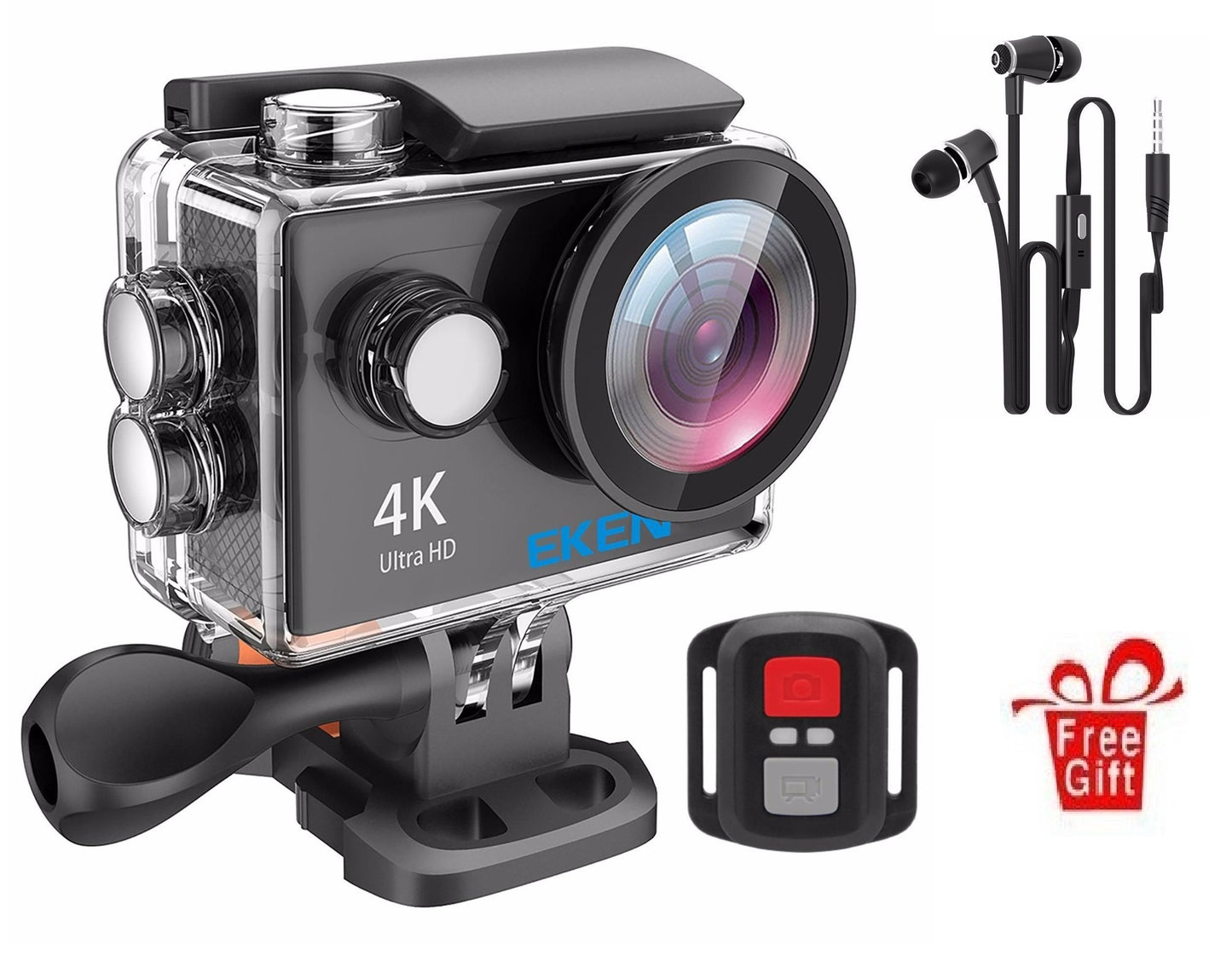 Camera Video Sport EKEN H9R Ultra HD 4K 170 grade, HDMI, Functie Camera Auto DVR, Conexiune Wi-Fi Hotspot, Kit accesorii sporturi extreme, Subacvatica 30 m, 2-inch + Carcasa Waterproof + Telecomanda, Neagra