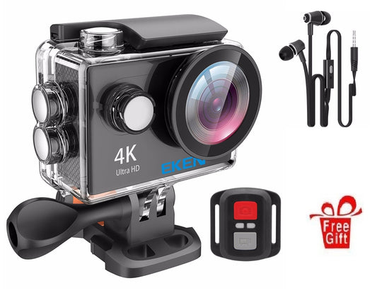 Camera Video Sport EKEN H9R Ultra HD 4K 170 grade, HDMI, Functie Camera Auto DVR, Conexiune Wi-Fi Hotspot, Kit accesorii sporturi extreme, Subacvatica 30 m, 2-inch + Carcasa Waterproof + Telecomanda, Neagra
