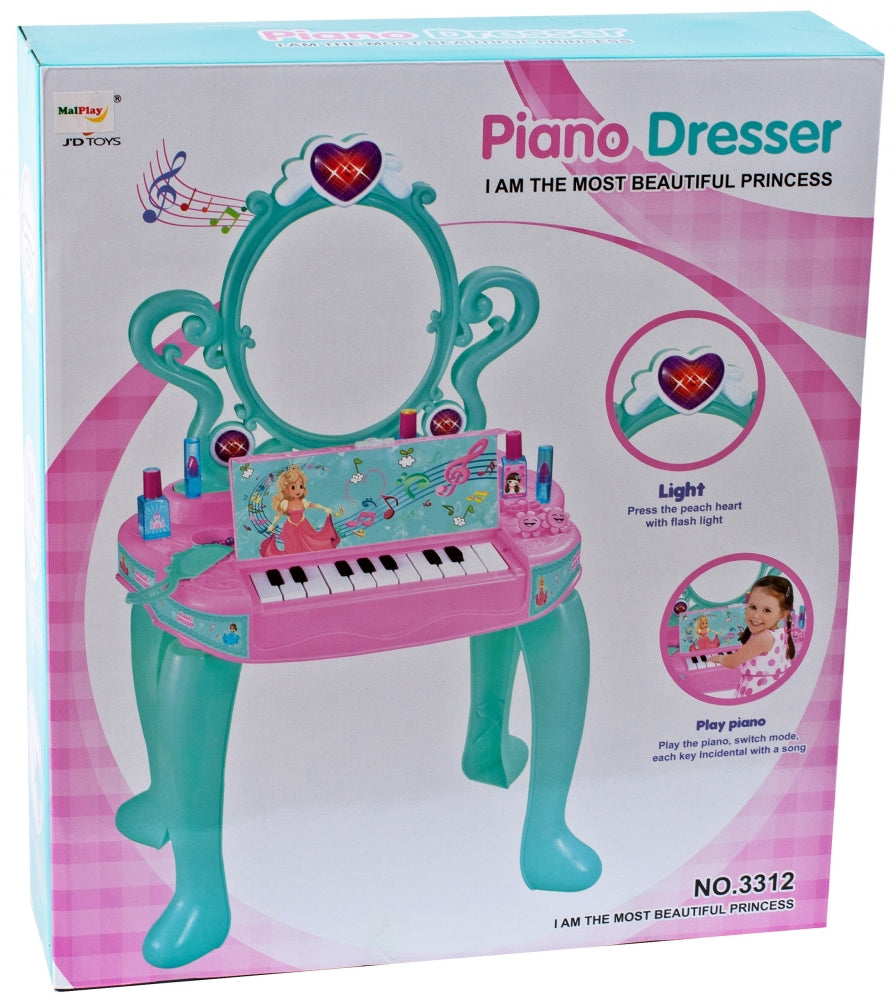 Masuta de Make-Up cu Pian, pentru fetite, calitate premium cu lumini si sunete, uscator de par, multiple accesorii 62 x 33 x 64 cm, Turcoaz