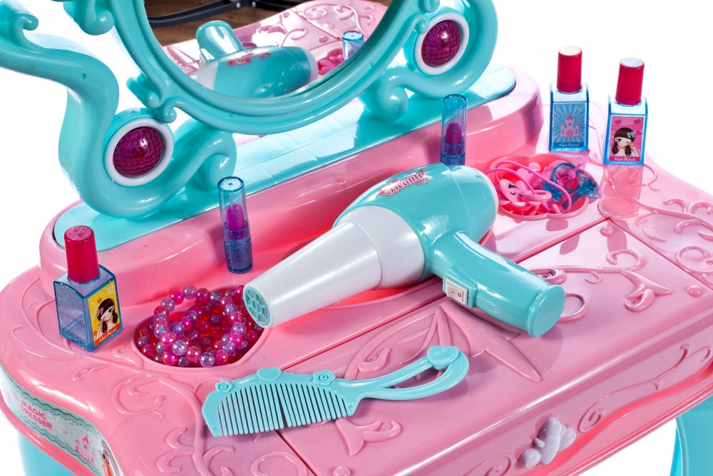 Masuta de Make-Up cu Pian, pentru fetite, calitate premium cu lumini si sunete, uscator de par, multiple accesorii 62 x 33 x 64 cm, Turcoaz