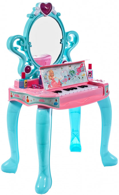 Masuta de Make-Up cu Pian, pentru fetite, calitate premium cu lumini si sunete, uscator de par, multiple accesorii 62 x 33 x 64 cm, Turcoaz