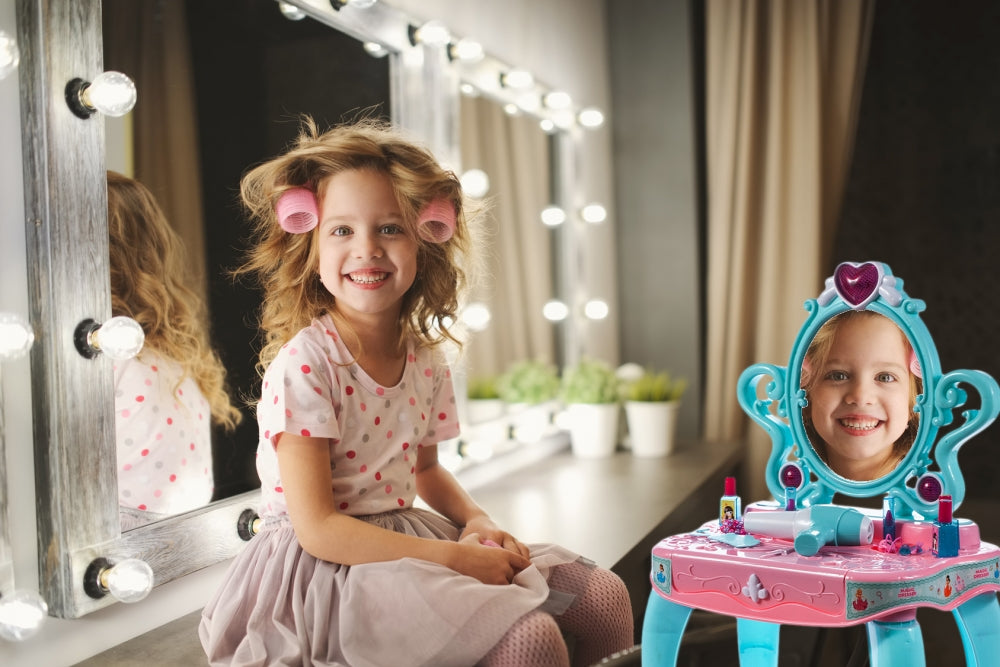 Masuta de Make-Up cu Pian, pentru fetite, calitate premium cu lumini si sunete, uscator de par, multiple accesorii 62 x 33 x 64 cm, Turcoaz