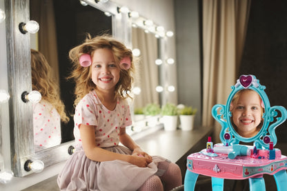 Masuta de Make-Up cu Pian, pentru fetite, calitate premium cu lumini si sunete, uscator de par, multiple accesorii 62 x 33 x 64 cm, Turcoaz