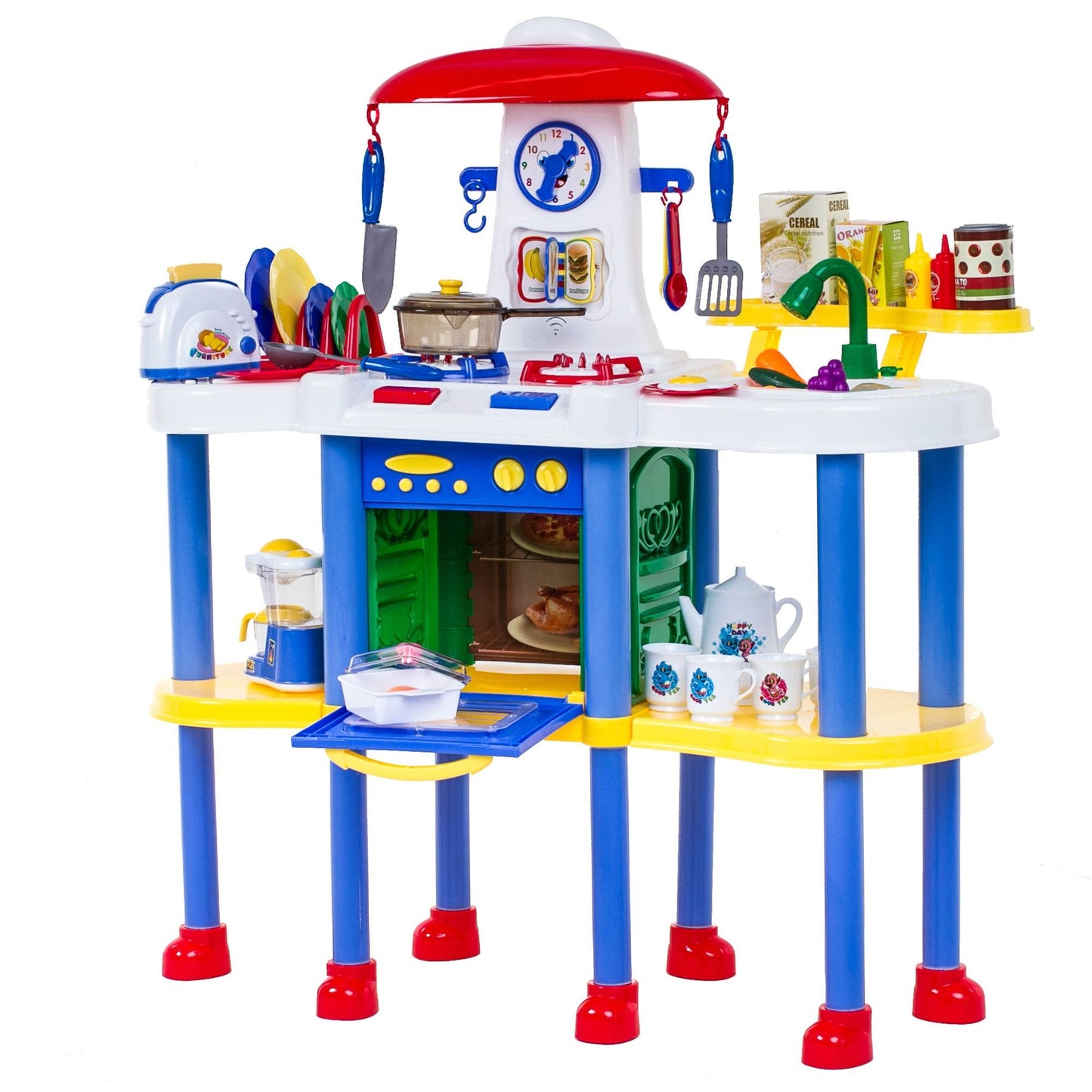 Bucatarie multifunctionala pentru copii cu lumini si muzica , 90 CM INALTIME, Cuptor, Chiuveta, Plita, Pompa Apa Recirculare, Toaster, Ceainic, Expressor 30+ accesorii, Funny Chef