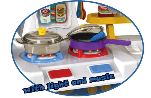 Bucatarie multifunctionala pentru copii cu lumini si muzica , 90 CM INALTIME, Cuptor, Chiuveta, Plita, Pompa Apa Recirculare, Toaster, Ceainic, Expressor 30+ accesorii, Funny Chef