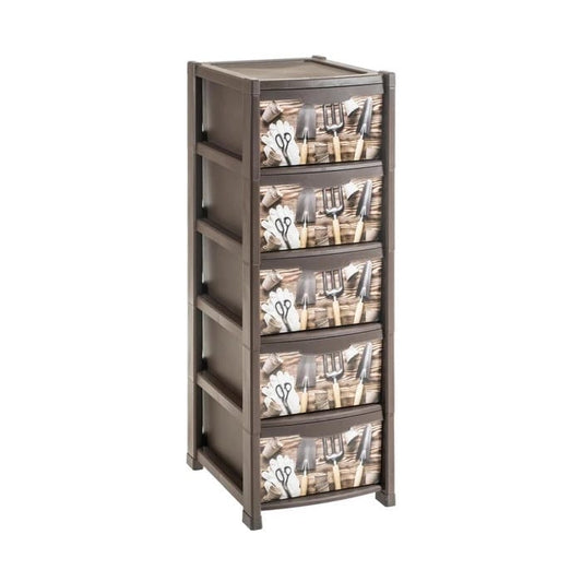 Dulap pentru Gradina idealSTORE, cu 6 sertare, din Polipropilena, Culoare Maro, Decorat cu Imagini Tematice, Dimensiuni 50 x 40 x 115 cm