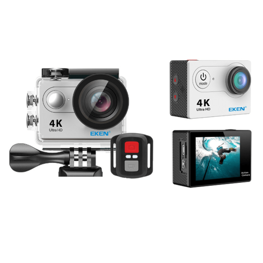 Camera Video Sport EKEN H9R Ultra HD 4K 170 grade, HDMI, Functie Camera Auto DVR, Conexiune Wi-Fi Hotspot, Kit accesorii sporturi extreme, Subacvatica 30 m , 2-inch + Carcasa Waterproof + Telecomanda , Silver