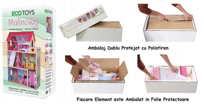 Casuta de Papusi Mare din Lemn, Raspberry, cu Lift, 16 Piese Mobilier si 2 Papusi, 90 cm