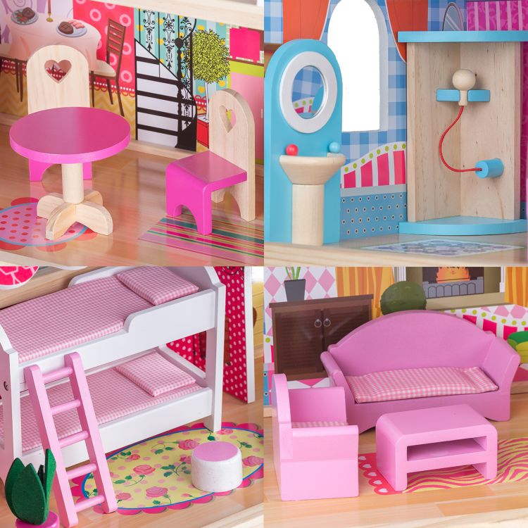 Casuta de Papusi Mare din Lemn, Raspberry, cu Lift, 16 Piese Mobilier si 2 Papusi, 90 cm