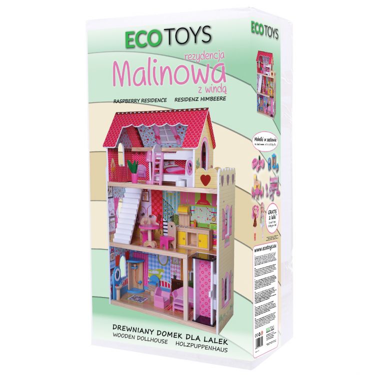 Casuta de Papusi Mare din Lemn, Raspberry, cu Lift, 16 Piese Mobilier si 2 Papusi, 90 cm