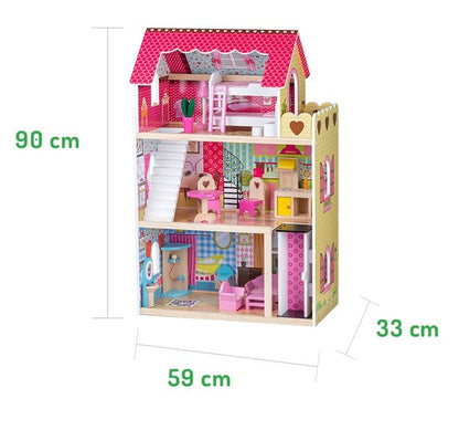 Casuta de Papusi Mare din Lemn, Raspberry, cu Lift, 16 Piese Mobilier si 2 Papusi, 90 cm