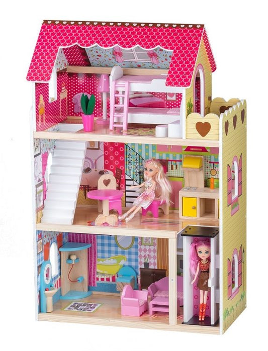 Casuta de Papusi Mare din Lemn, Raspberry, cu Lift, 16 Piese Mobilier si 2 Papusi, 90 cm