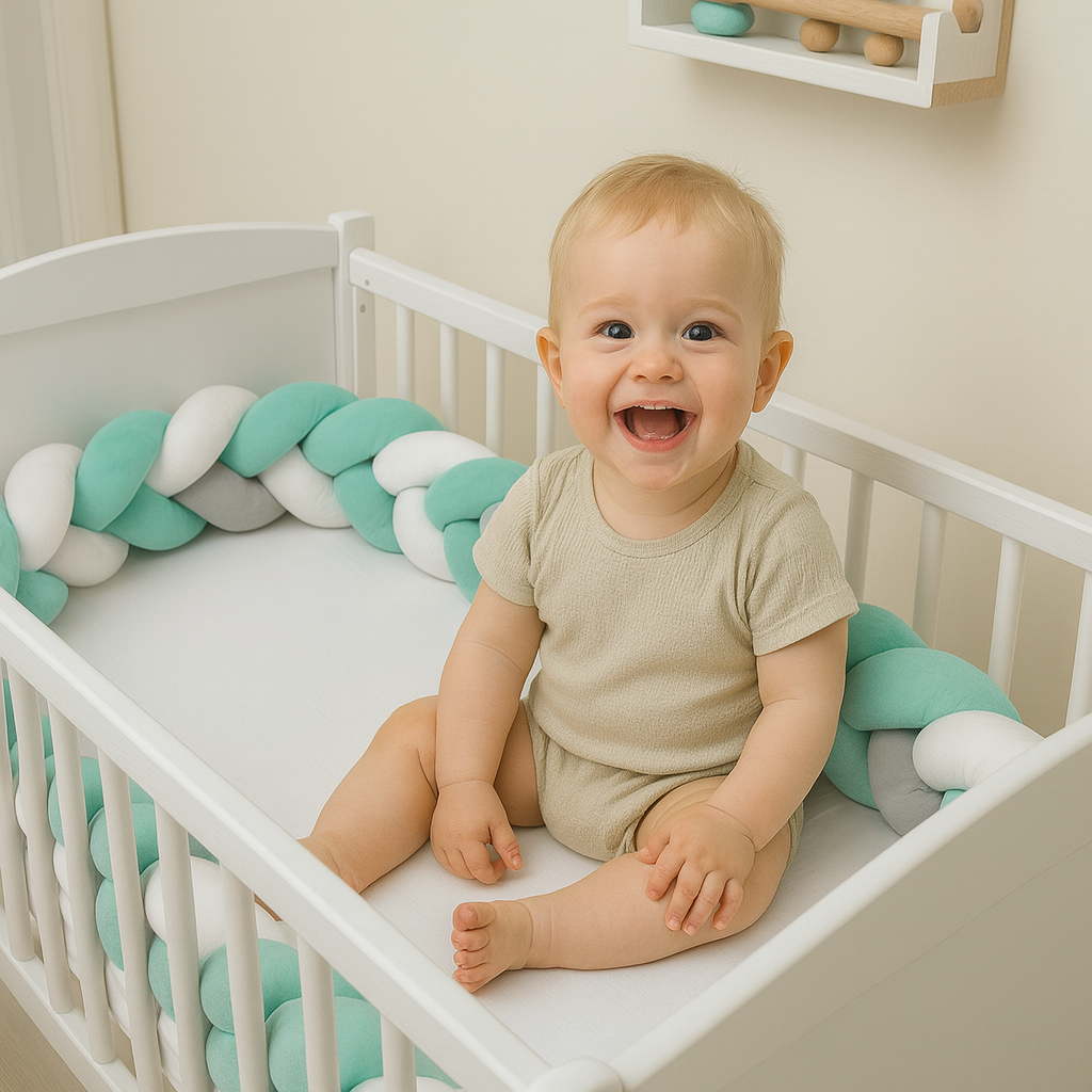 Protectie Laterala pentru Patut Bumper Rico idealSTORE, Lungime 3 m, Material moale, Placut la atingere, Protejeaza impotriva curentilor de aer si a loviturilor, Antialergic, Verde-Gri