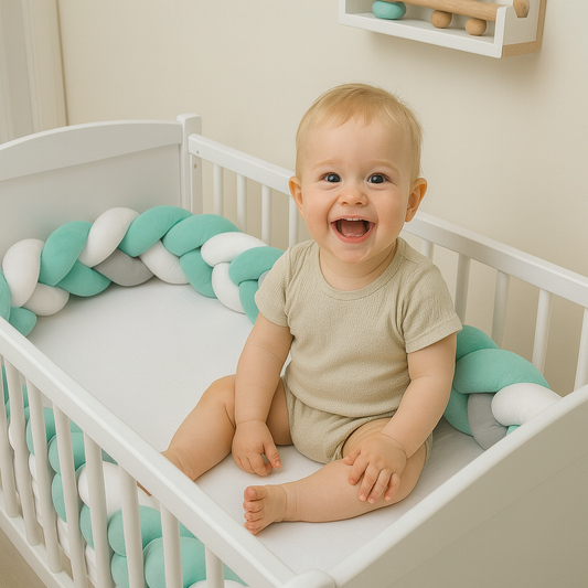 Protectie Laterala pentru Patut Bumper Rico idealSTORE, Lungime 3 m, Material moale, Placut la atingere, Protejeaza impotriva curentilor de aer si a loviturilor, Antialergic, Verde-Gri