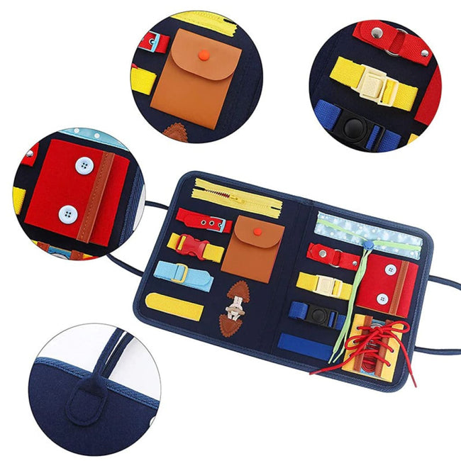 Geanta tip carte senzoriala pentru copii 1-5 ani, din fetru, cu 14 activitati, 45x28 cm