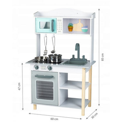 Bucatarie completa 'ISP EcoToys', multifunctionala din lemn natural pentru copii, finisaje premium, 85 cm inaltime, cuptor cu microunde, chiuveta, plita, cuptor si multiple accesorii incluse, Gri/Turcoaz