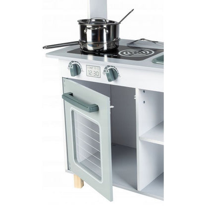 Bucatarie completa 'ISP EcoToys', multifunctionala din lemn natural pentru copii, finisaje premium, 85 cm inaltime, cuptor cu microunde, chiuveta, plita, cuptor si multiple accesorii incluse, Gri/Turcoaz