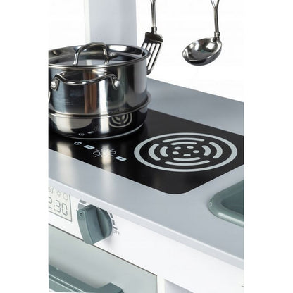 Bucatarie completa 'ISP EcoToys', multifunctionala din lemn natural pentru copii, finisaje premium, 85 cm inaltime, cuptor cu microunde, chiuveta, plita, cuptor si multiple accesorii incluse, Gri/Turcoaz