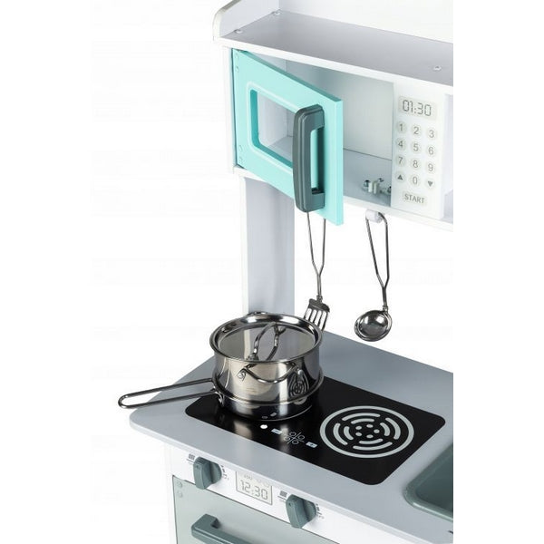 Bucatarie completa 'ISP EcoToys', multifunctionala din lemn natural pentru copii, finisaje premium, 85 cm inaltime, cuptor cu microunde, chiuveta, plita, cuptor si multiple accesorii incluse, Gri/Turcoaz