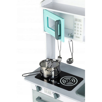 Bucatarie completa 'ISP EcoToys', multifunctionala din lemn natural pentru copii, finisaje premium, 85 cm inaltime, cuptor cu microunde, chiuveta, plita, cuptor si multiple accesorii incluse, Gri/Turcoaz