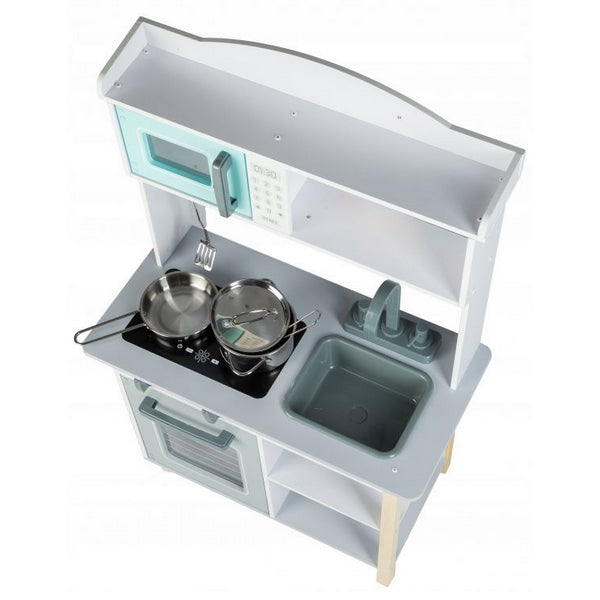 Bucatarie completa 'ISP EcoToys', multifunctionala din lemn natural pentru copii, finisaje premium, 85 cm inaltime, cuptor cu microunde, chiuveta, plita, cuptor si multiple accesorii incluse, Gri/Turcoaz