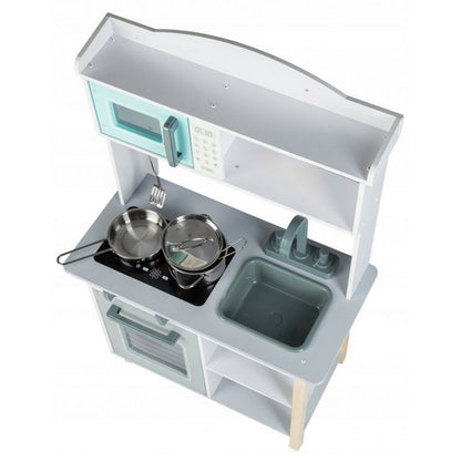 Bucatarie completa 'ISP EcoToys', multifunctionala din lemn natural pentru copii, finisaje premium, 85 cm inaltime, cuptor cu microunde, chiuveta, plita, cuptor si multiple accesorii incluse, Gri/Turcoaz