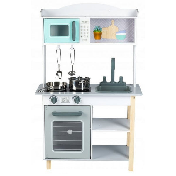 Bucatarie completa 'ISP EcoToys', multifunctionala din lemn natural pentru copii, finisaje premium, 85 cm inaltime, cuptor cu microunde, chiuveta, plita, cuptor si multiple accesorii incluse, Gri/Turcoaz