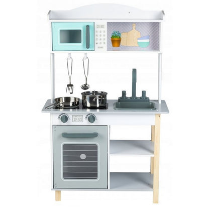 Bucatarie completa 'ISP EcoToys', multifunctionala din lemn natural pentru copii, finisaje premium, 85 cm inaltime, cuptor cu microunde, chiuveta, plita, cuptor si multiple accesorii incluse, Gri/Turcoaz