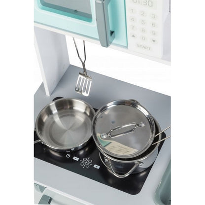 Bucatarie completa 'ISP EcoToys', multifunctionala din lemn natural pentru copii, finisaje premium, 85 cm inaltime, cuptor cu microunde, chiuveta, plita, cuptor si multiple accesorii incluse, Gri/Turcoaz