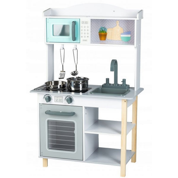 Bucatarie completa 'ISP EcoToys', multifunctionala din lemn natural pentru copii, finisaje premium, 85 cm inaltime, cuptor cu microunde, chiuveta, plita, cuptor si multiple accesorii incluse, Gri/Turcoaz