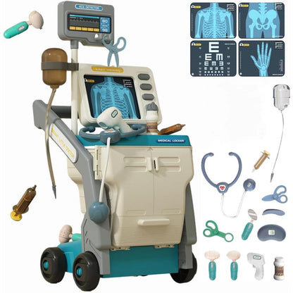 Set de joaca doctor pentru copii cu carucior medical mobil, 15 piese