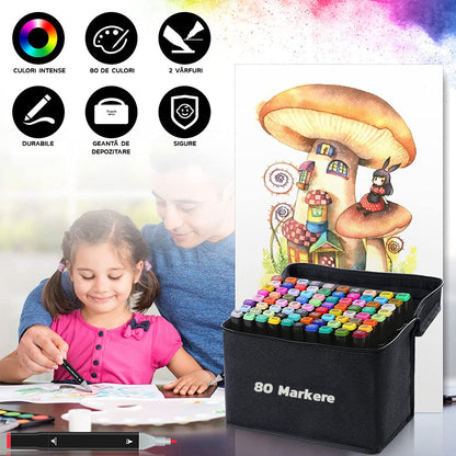 Set 80 Markere Duble, Capat Subtire si Gros, pe Baza de Alcool, Inclus Suport si Geanta de Depozitare, Potrivite pentru Toate Tipurile de Desen, Multicolor, eKrom