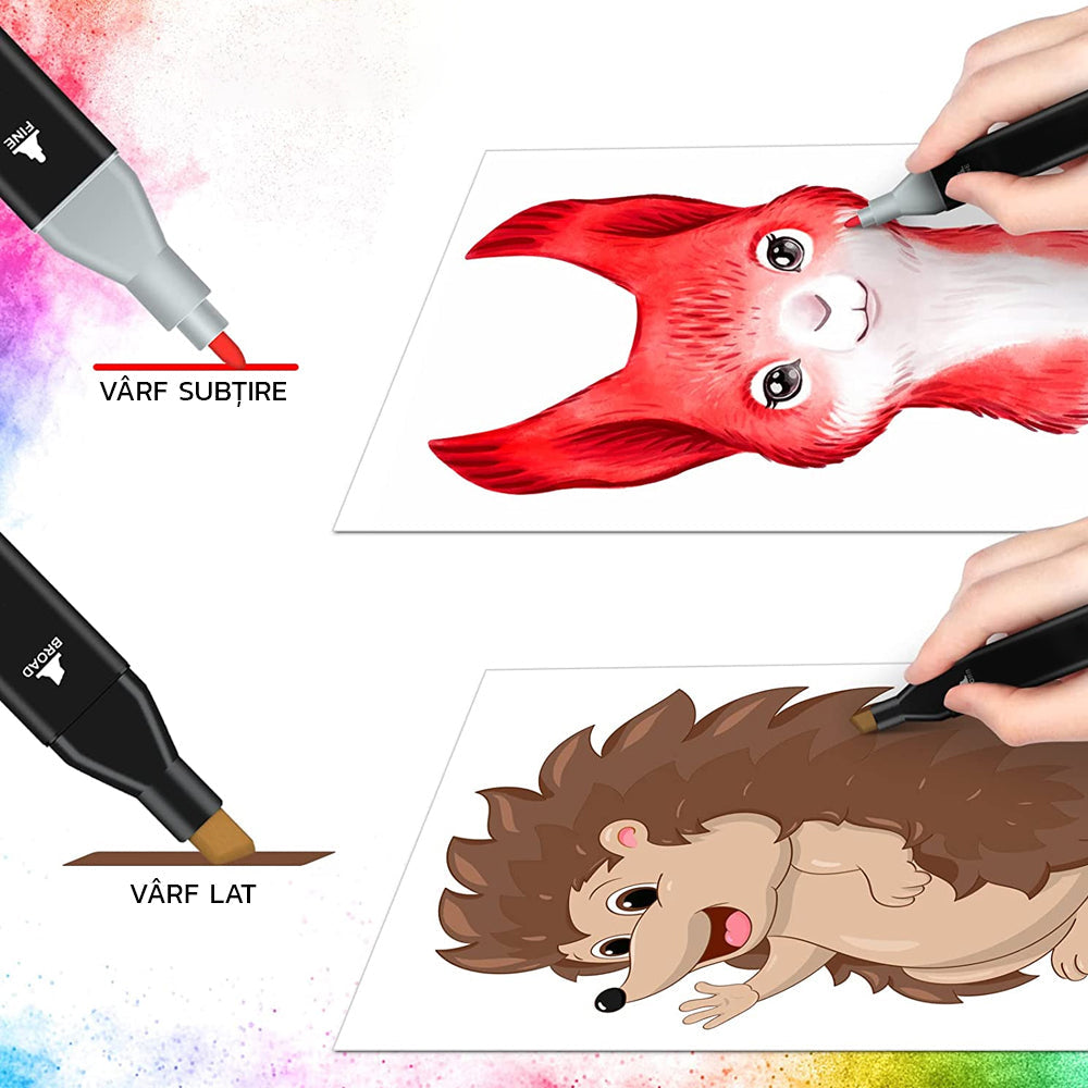 Set 80 Markere Duble, Capat Subtire si Gros, pe Baza de Alcool, Inclus Suport si Geanta de Depozitare, Potrivite pentru Toate Tipurile de Desen, Multicolor, eKrom