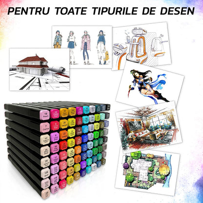Set 80 Markere Duble, Capat Subtire si Gros, pe Baza de Alcool, Inclus Suport si Geanta de Depozitare, Potrivite pentru Toate Tipurile de Desen, Multicolor, eKrom