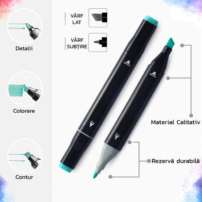 Set 80 Markere Duble, Capat Subtire si Gros, pe Baza de Alcool, Inclus Suport si Geanta de Depozitare, Potrivite pentru Toate Tipurile de Desen, Multicolor, eKrom