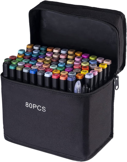 Set 80 Markere Duble, Capat Subtire si Gros, pe Baza de Alcool, Inclus Suport si Geanta de Depozitare, Potrivite pentru Toate Tipurile de Desen, Multicolor, eKrom