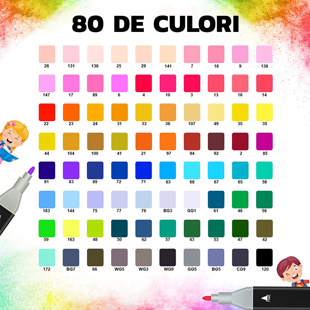Set 80 Markere Duble, Capat Subtire si Gros, pe Baza de Alcool, Inclus Suport si Geanta de Depozitare, Potrivite pentru Toate Tipurile de Desen, Multicolor, eKrom