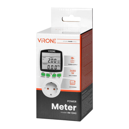 Calculator de energie cu afisaj LCD VIRONE EM-1GS, 3680W, 16A, schuko, baterie incorporata, 2 tarife, alb