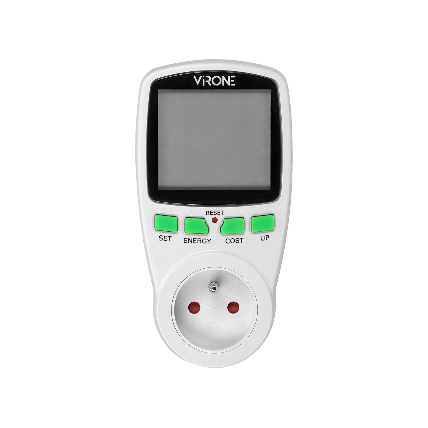 Calculator de energie cu afisaj LCD VIRONE EM-4(GS), 3680W, 16A, schuko, baterie incorporata, tarif unic, alb