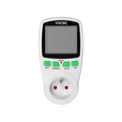 Calculator de energie cu afisaj LCD VIRONE EM-4(GS), 3680W, 16A, schuko, baterie incorporata, tarif unic, alb