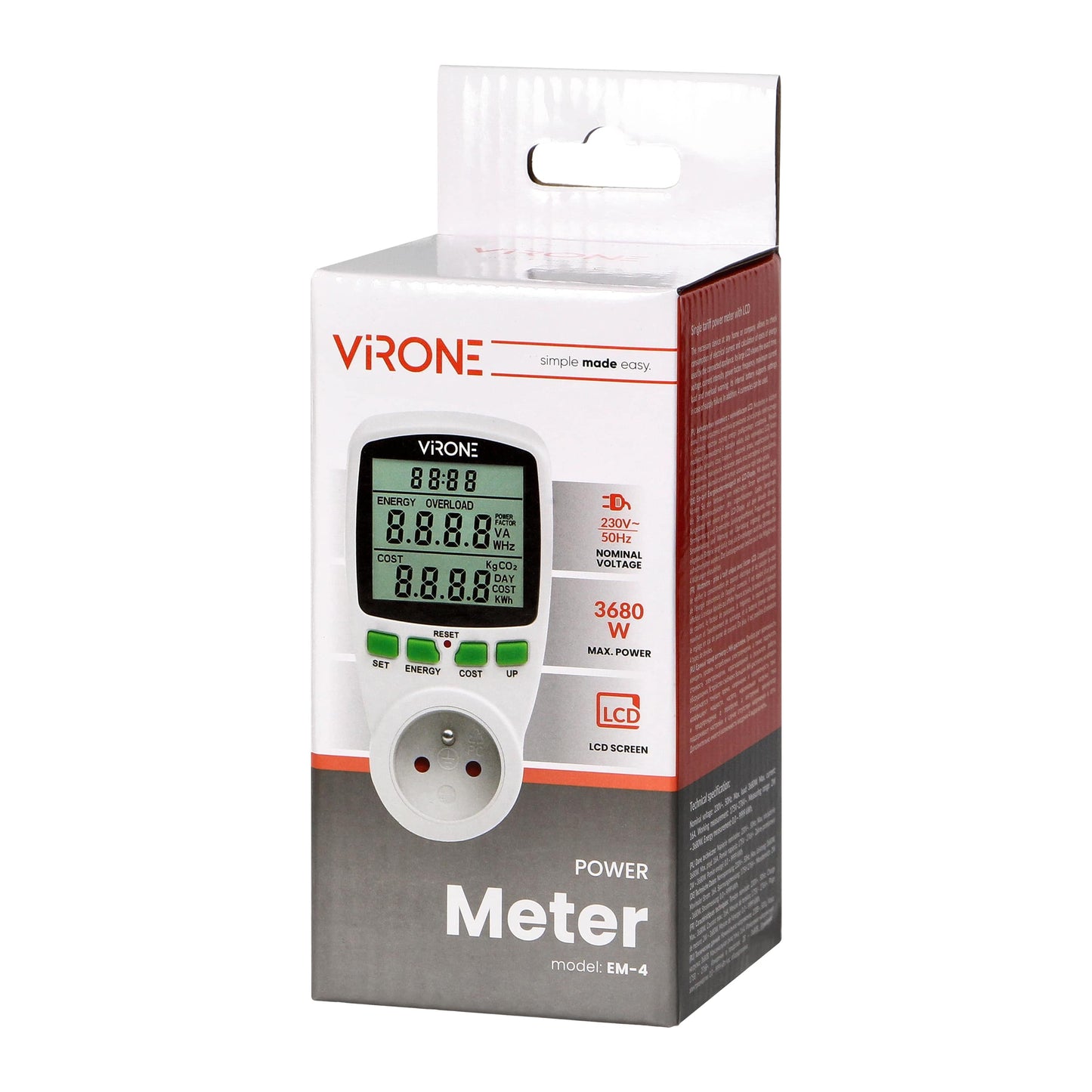 Calculator de energie cu afisaj LCD VIRONE EM-4(GS), 3680W, 16A, schuko, baterie incorporata, tarif unic, alb